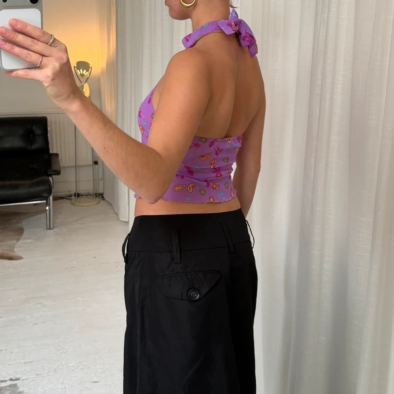 Italian Vintage Lilac Paisley Mesh Halterneck Top