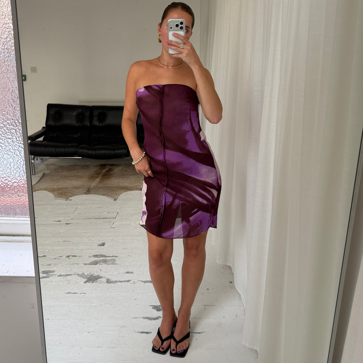 Purple Floral Strapless Midi Dress