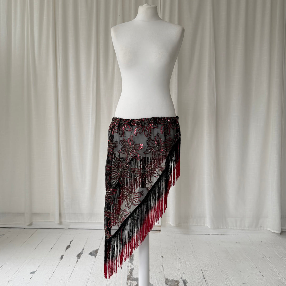 Sequin Mesh Asymmetric Tassel Sarong Skirt