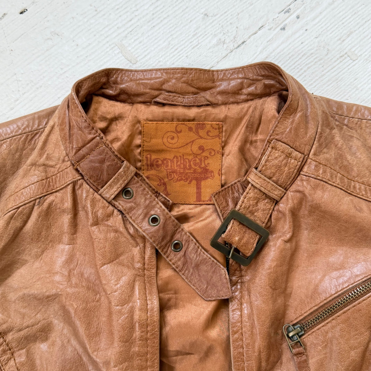 Tan Brown Leather Utility Biker Jacket