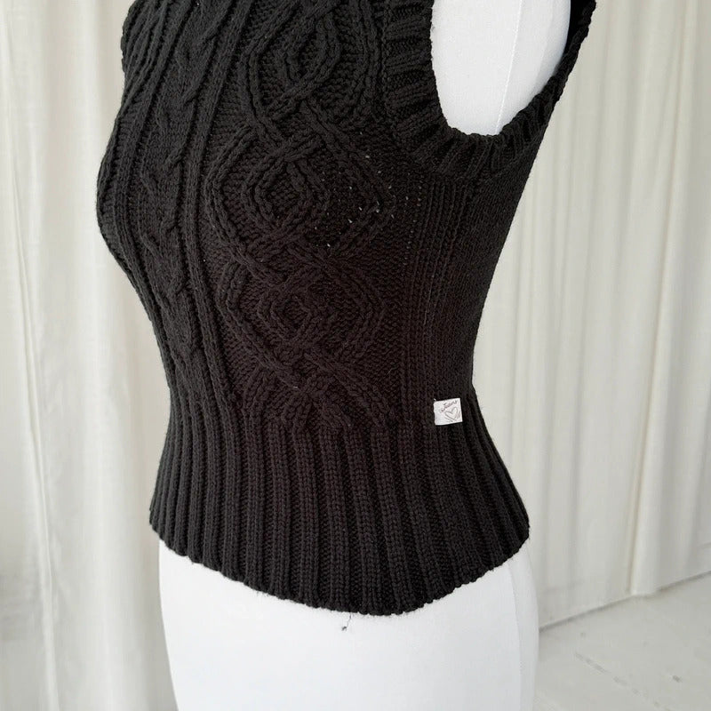 Black Cable Knit Sleeveless Rollneck