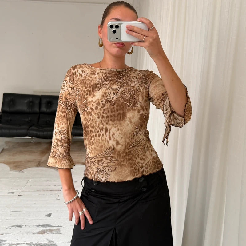 2000s Leopard Print Bell Sleeve Mesh Top