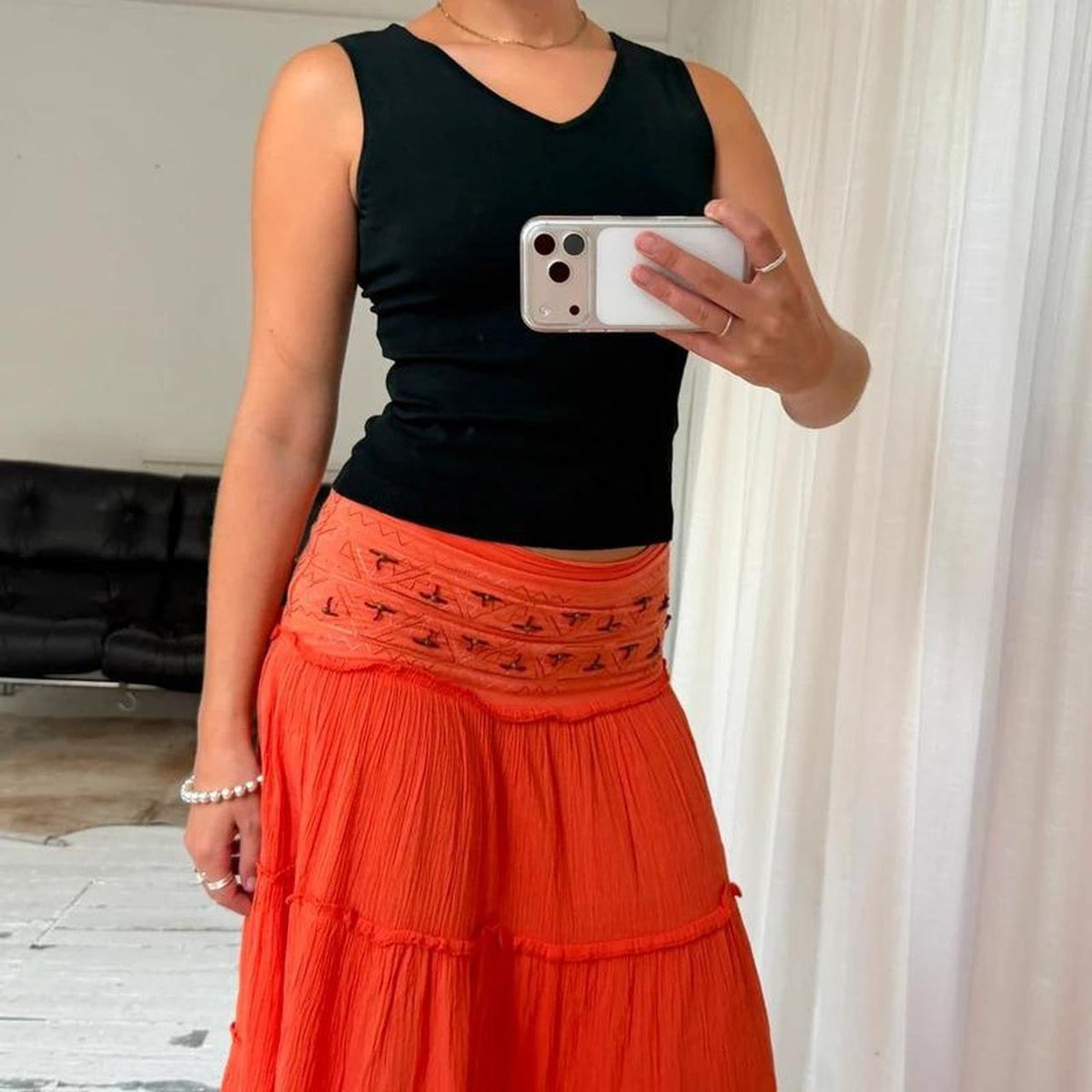 Orange Cotton Tiered Midi Skirt
