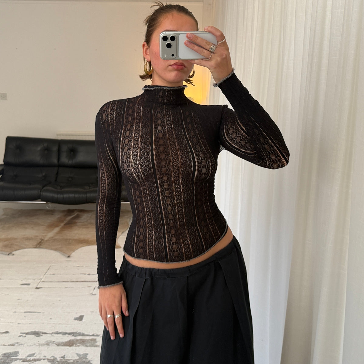 Black Pointelle Lace Knit Top