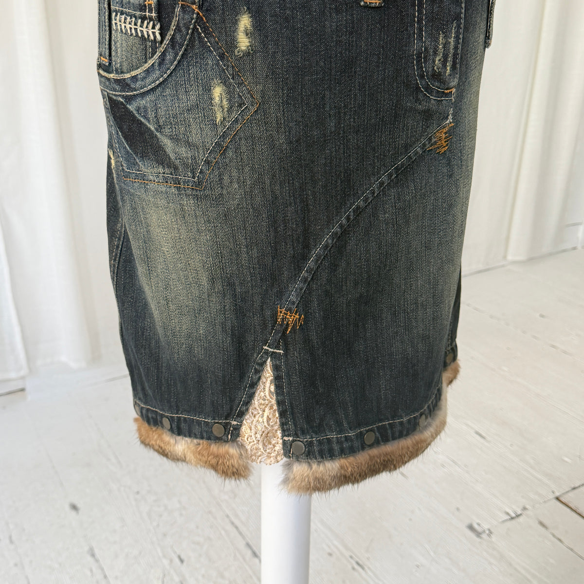 Italian Vintage Denim Fur Trim Midi Skirt