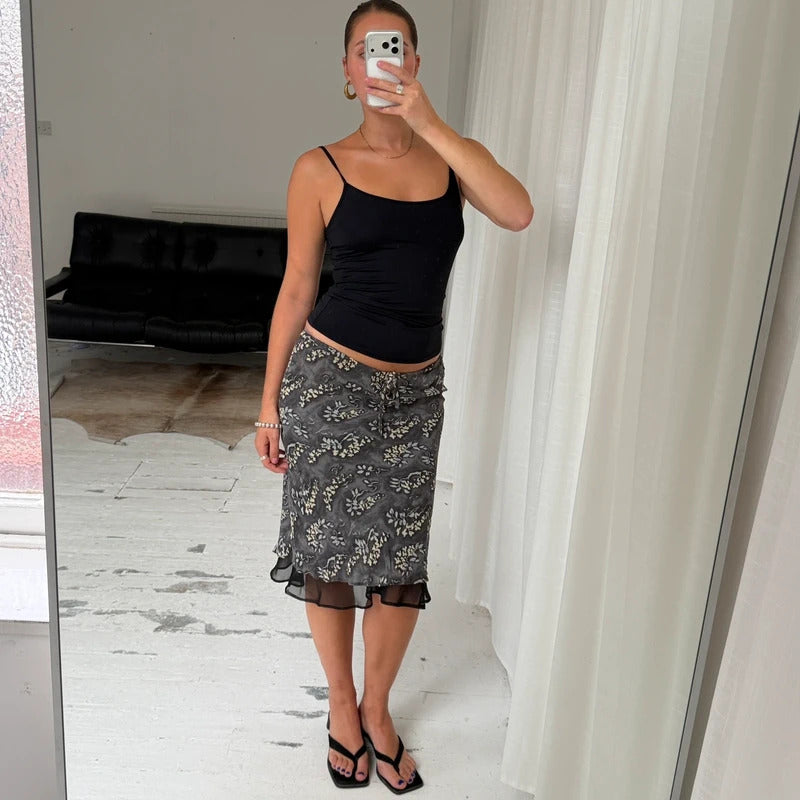 Grey Floral Mesh Midi Skirt