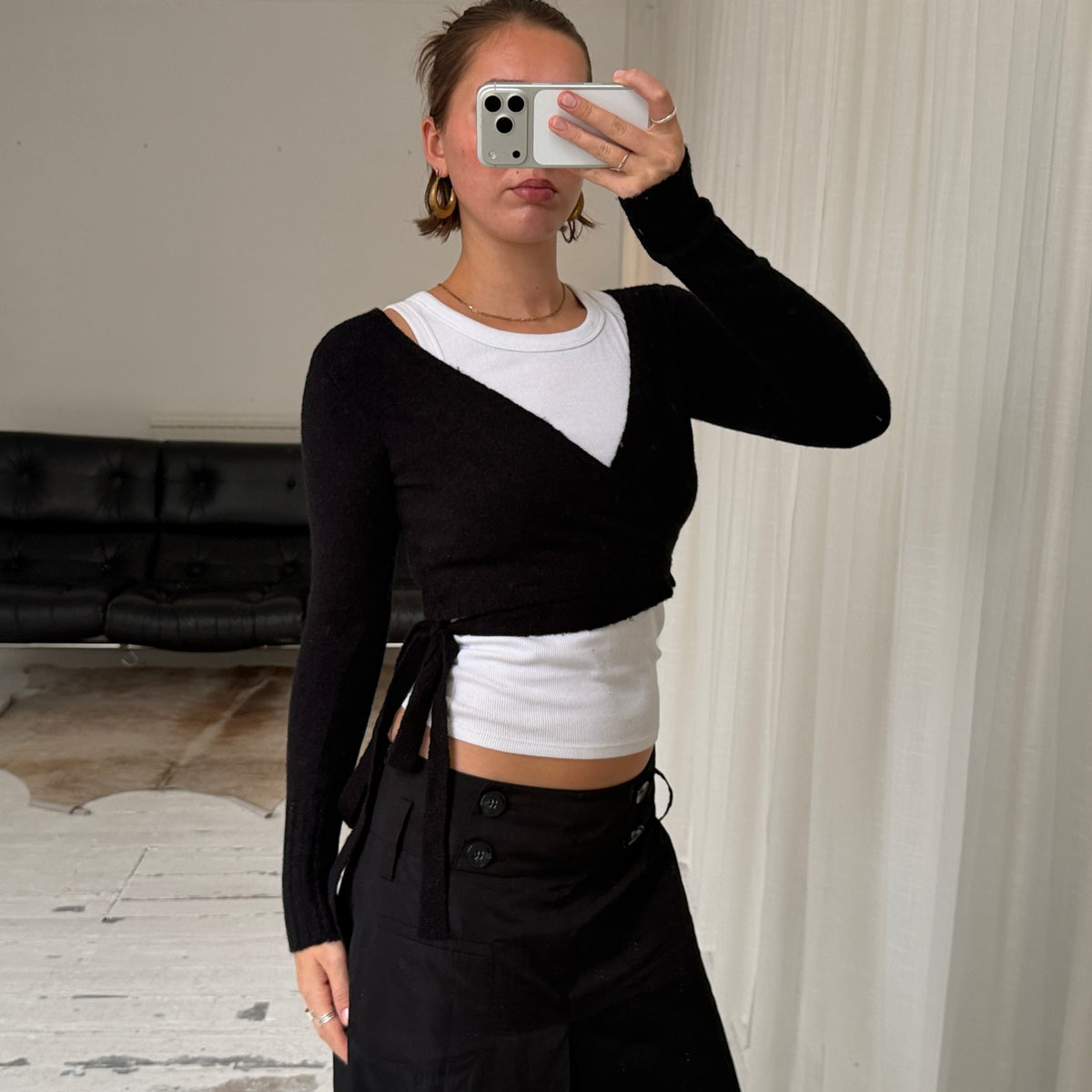 2000s Black Wool Blend Bolero Wrap Cardigan
