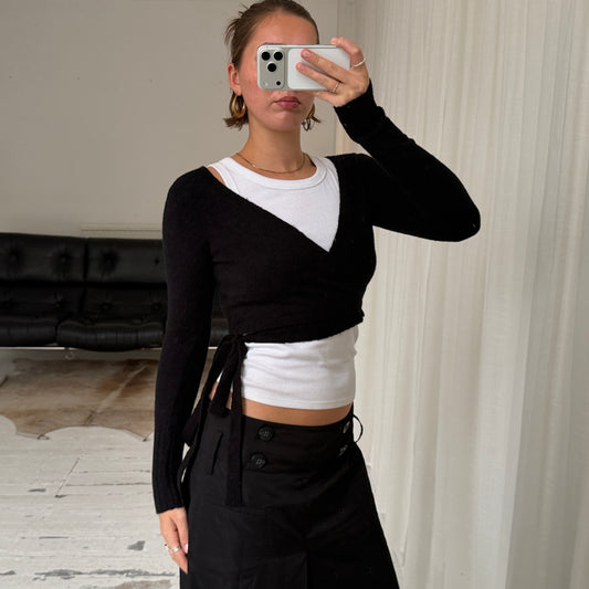 2000s Black Wool Blend Bolero Wrap Cardigan