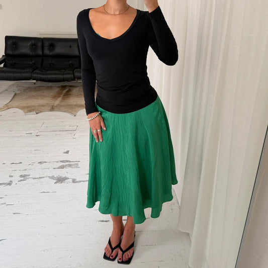 Green Silk Midi Skirt