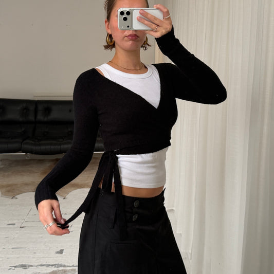 2000s Black Wool Blend Bolero Wrap Cardigan