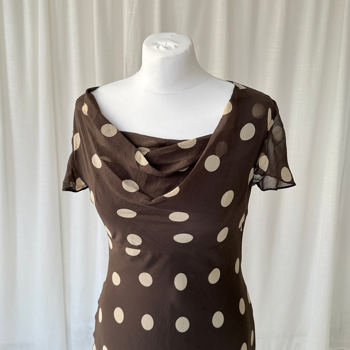 Brown Polka Dot Silk Midi Dress