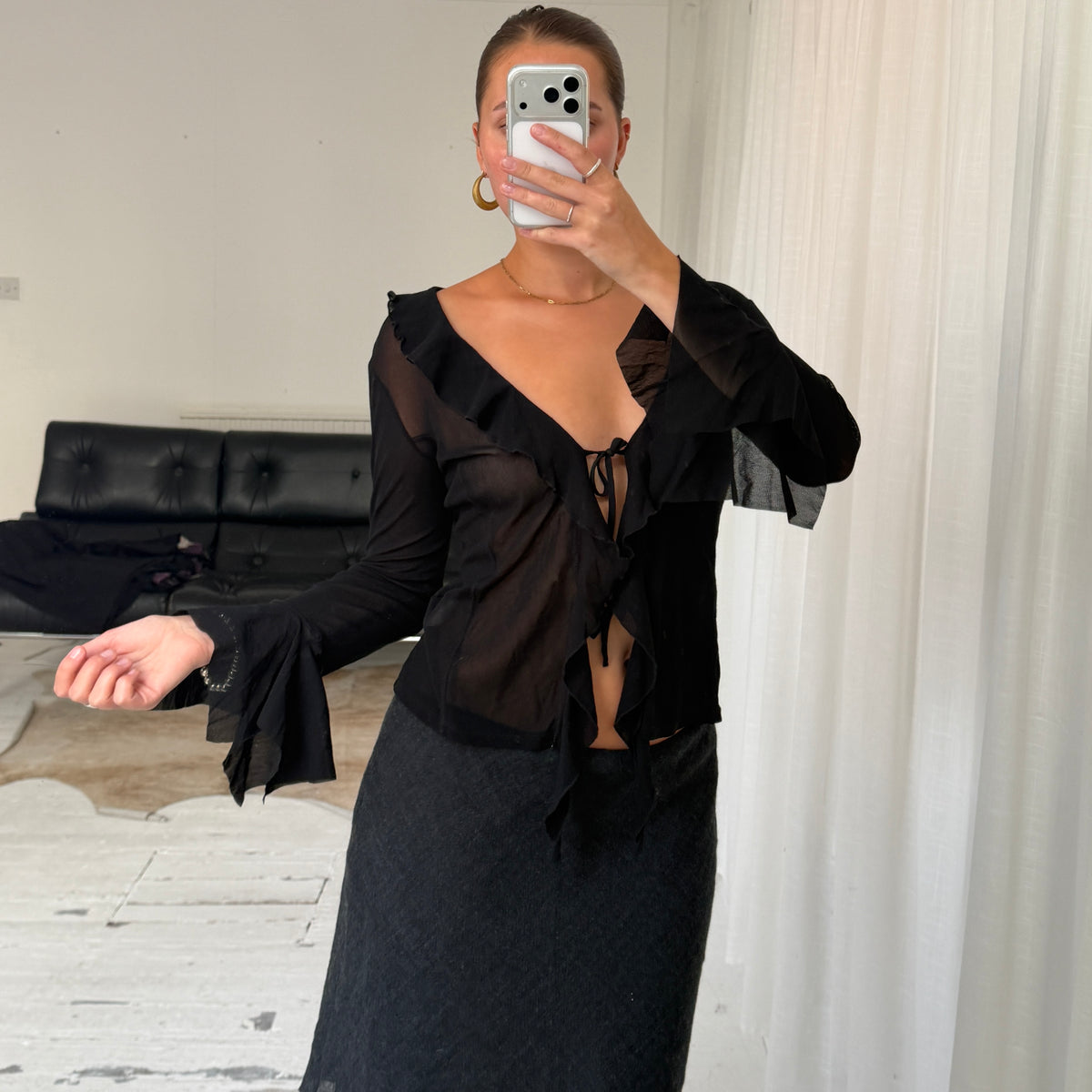 Black Sheer Ruffle Tie Blouse
