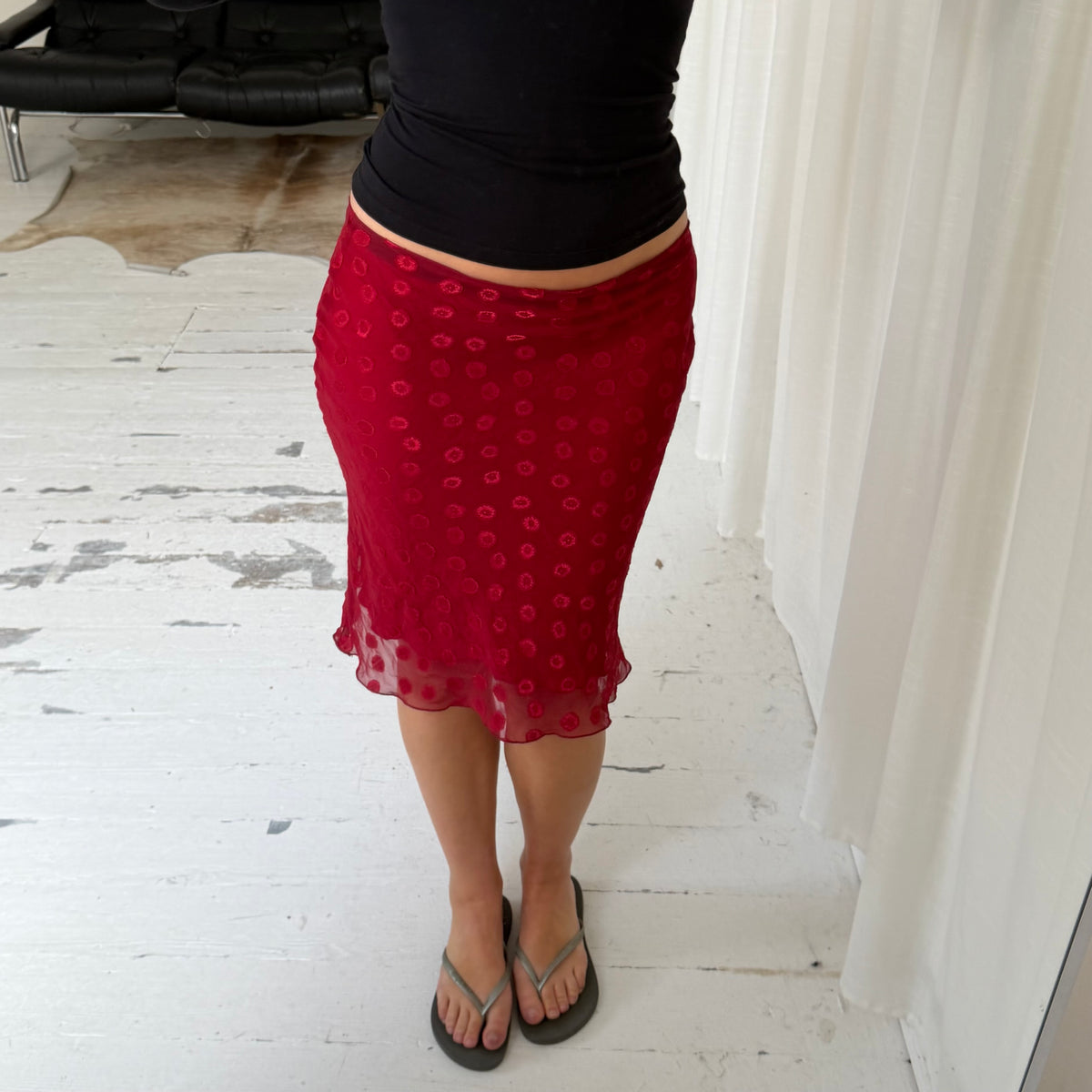 1990s Red Polka Dot Mesh Midi Skirt