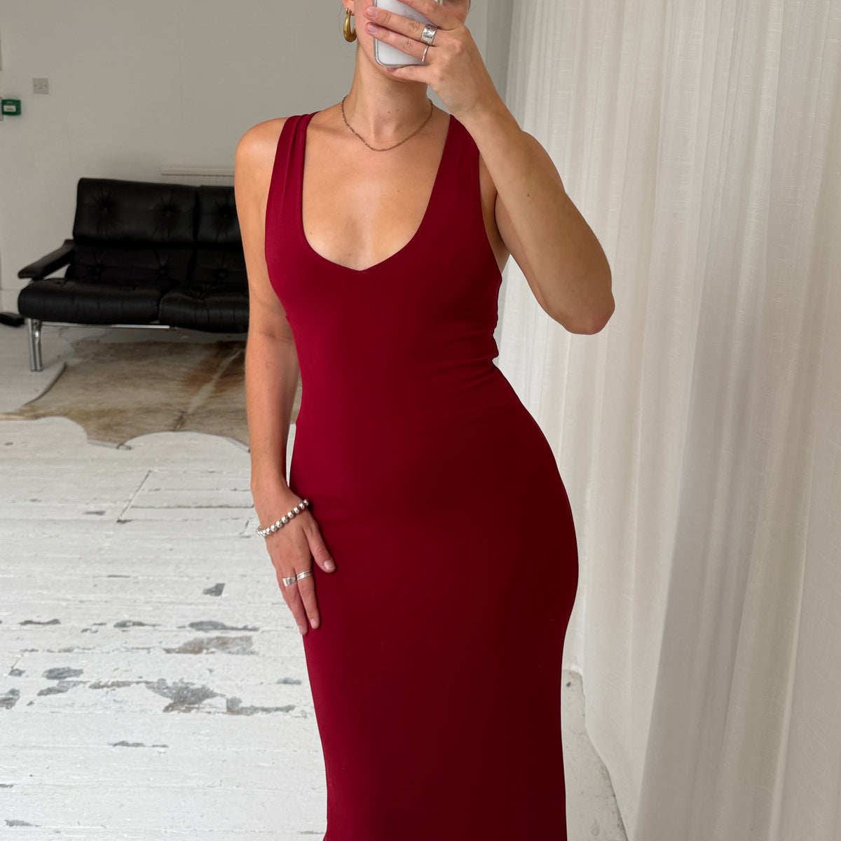 Burgundy Lace-Up Maxi Dress