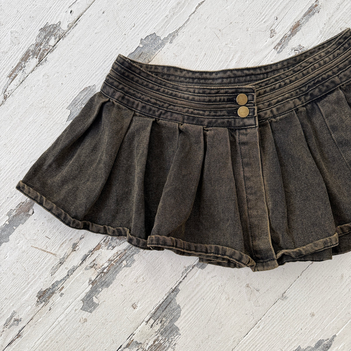 00s Brown Washed Denim Pleated Overskirt