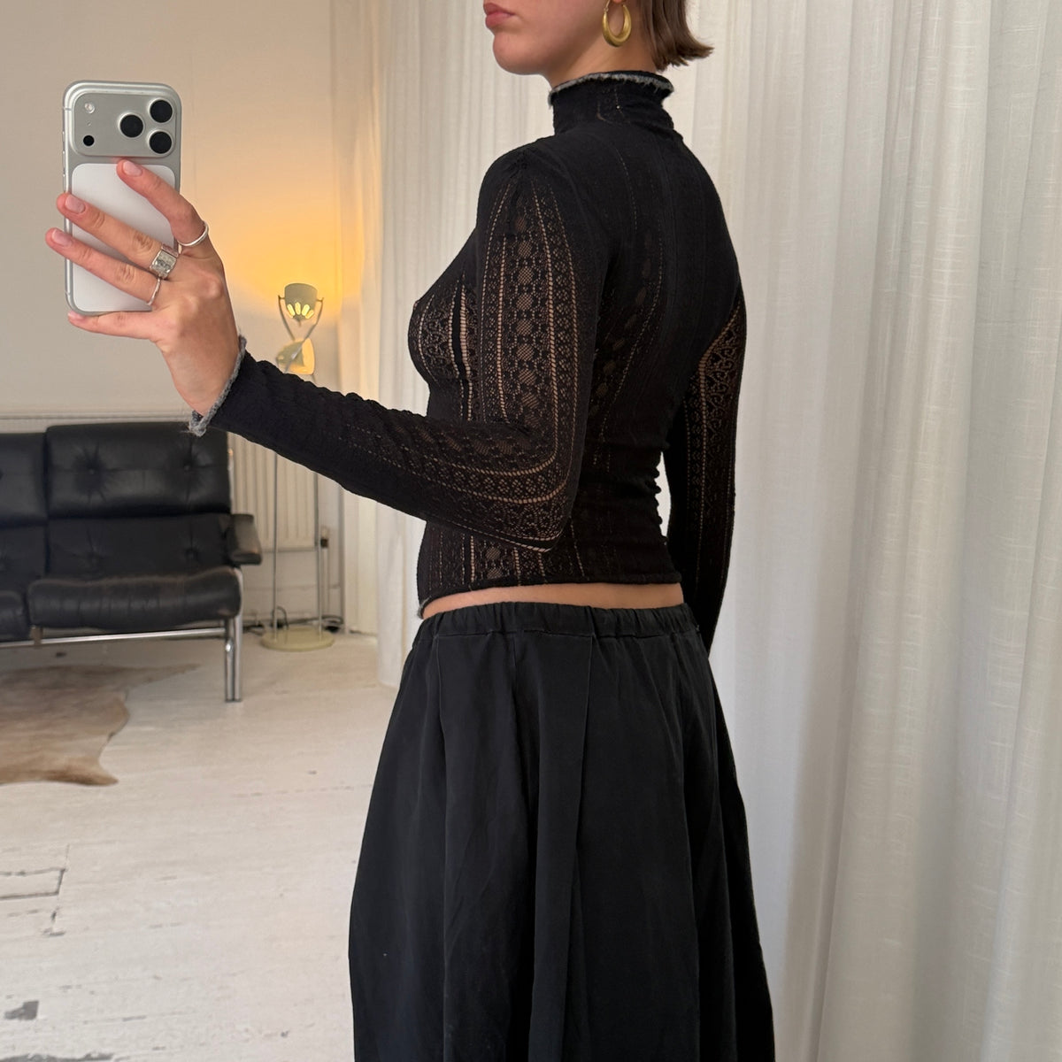 Black Pointelle Lace Knit Top