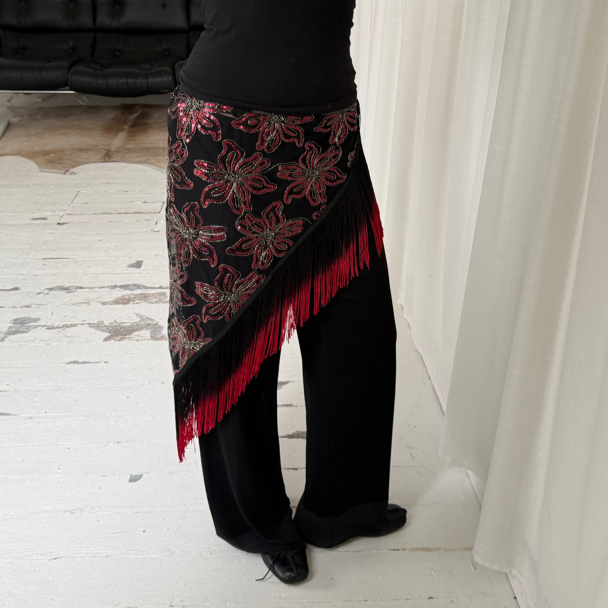 Sequin Mesh Asymmetric Tassel Sarong Skirt