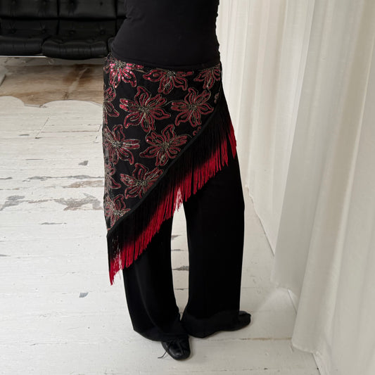Sequin Mesh Asymmetric Tassel Sarong Skirt