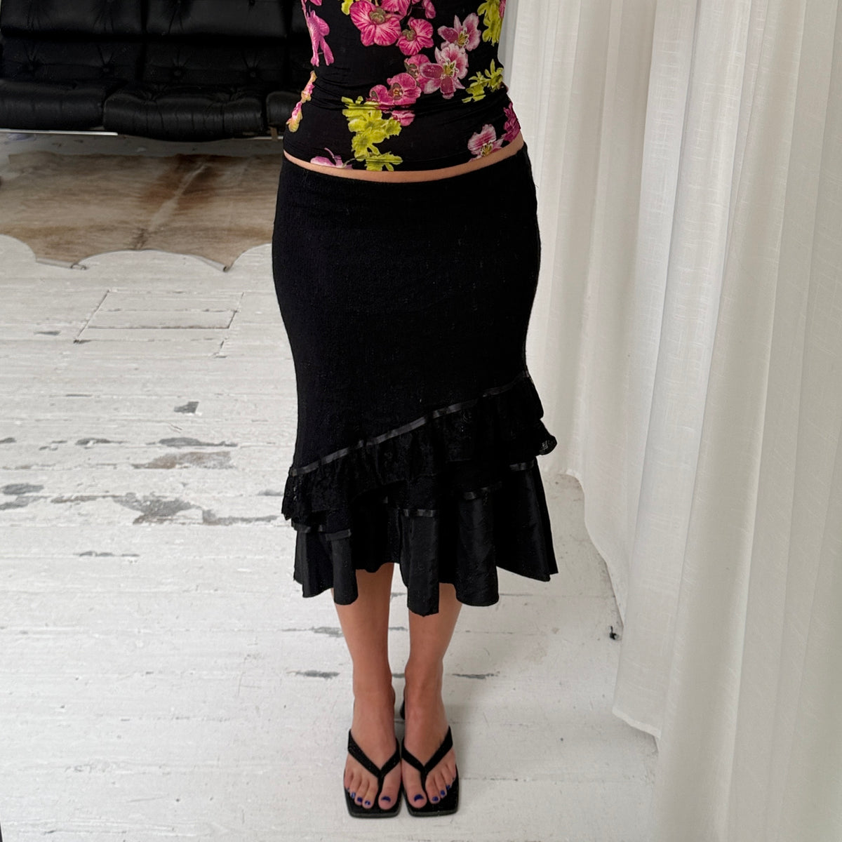 Black Mohair Ruffle Midi Skirt