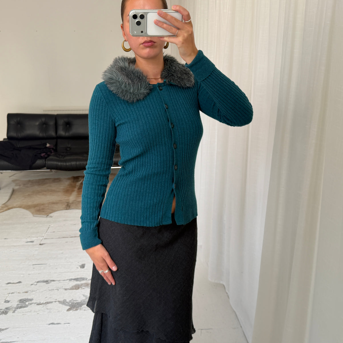 Italian Vintage Angora Wool Rib Knit Cardigan With Faux Fur Collar