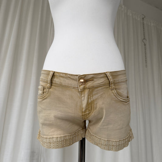 Khaki Studded Denim Shorts