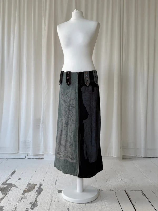 00s Graphic Patchwork Denim Maxi Skirt