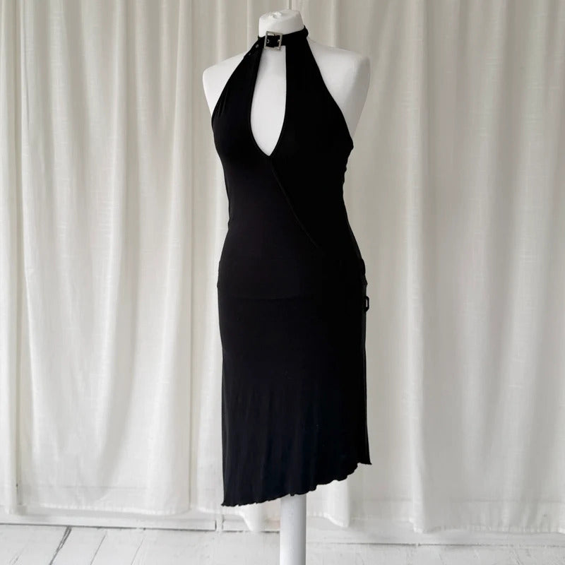 Black Halterneck Asymmetrical Mini Dress