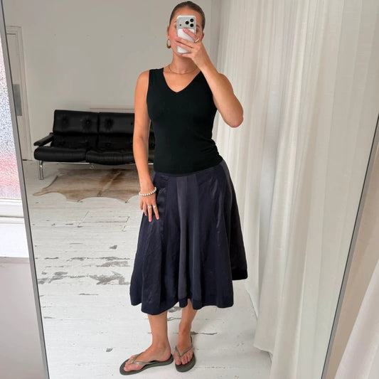 Navy Pure Silk Pleated Midi Skirt