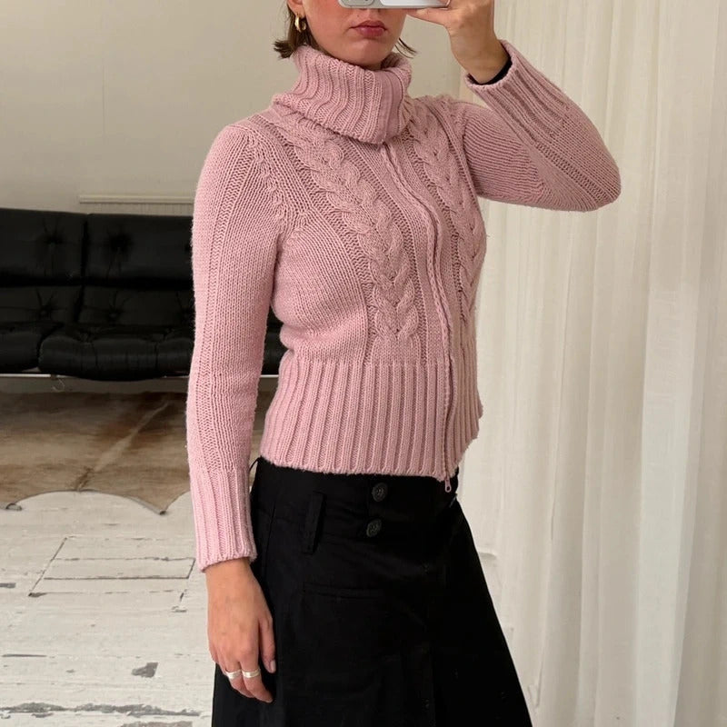 Pink Cable Knit Double Zip Jumper