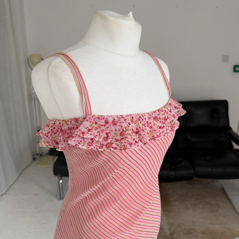2000s Pink Stripe Layered Mesh Cami Top