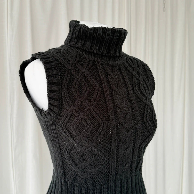 Black Cable Knit Sleeveless Rollneck