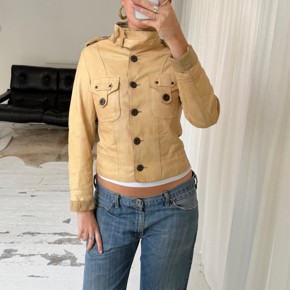 Beige Leather & Linen Jacket