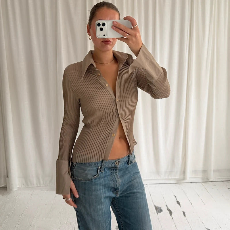 Italian Vintage Khaki Beige Pleated Shirt