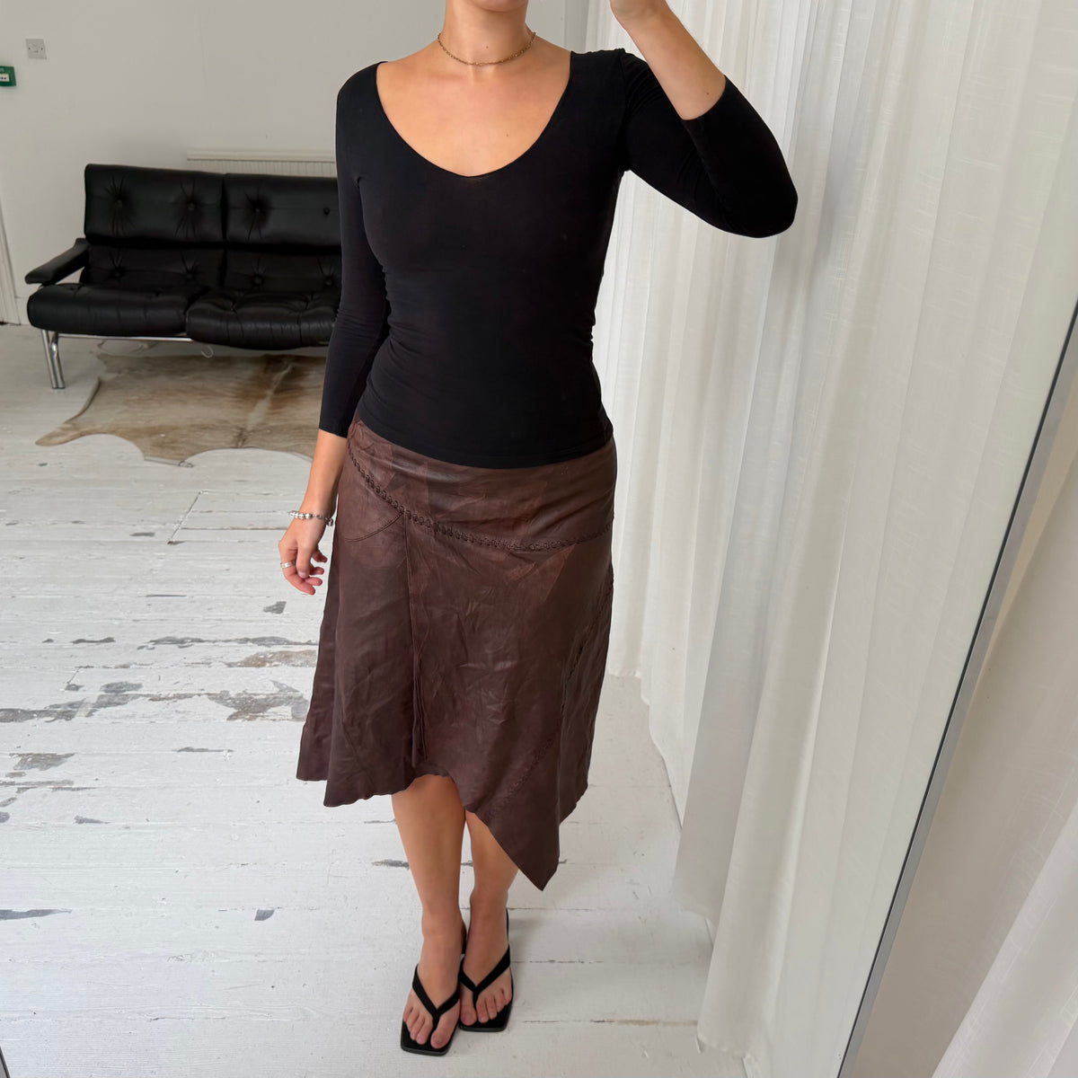 Brown Leather Asymmetric Midi Skirt