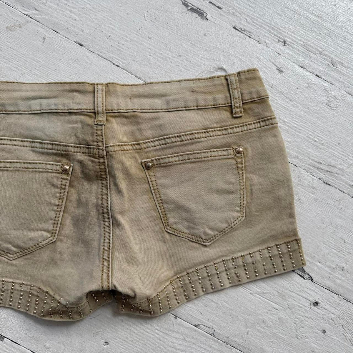 Khaki Studded Denim Shorts