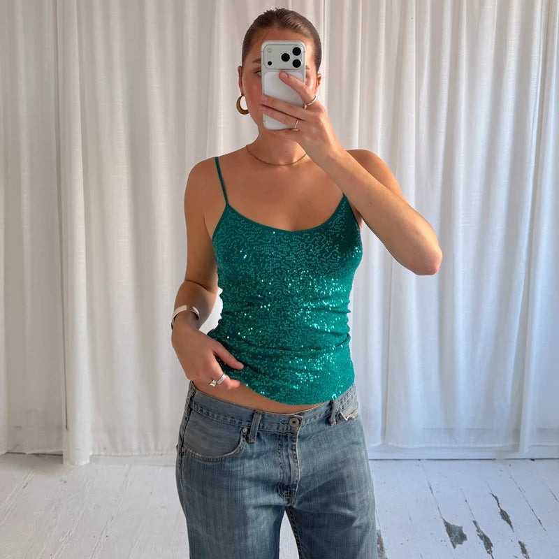 2000s Turquoise Sequin Cami Vest Top