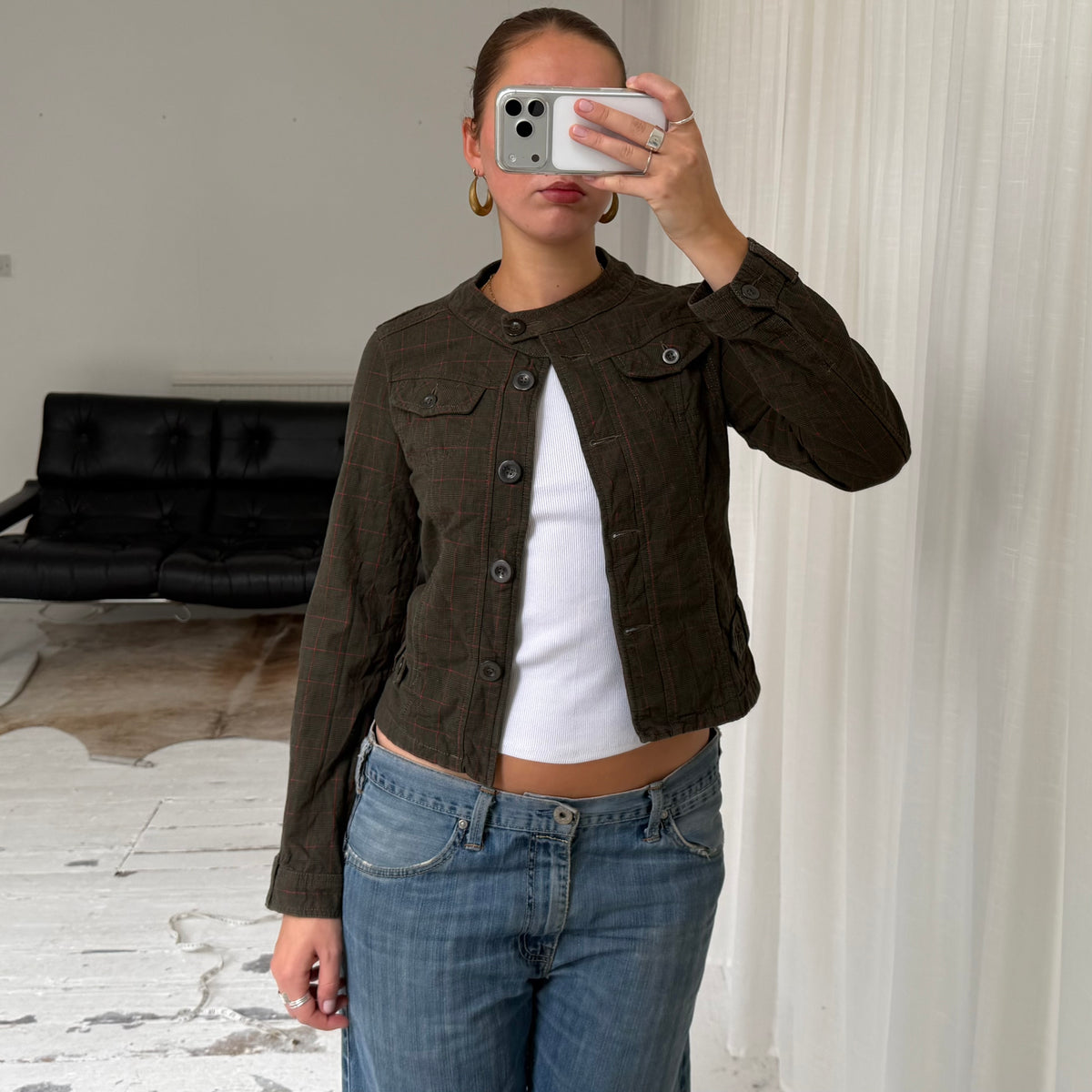 Khaki Red Check Fitted Jacket
