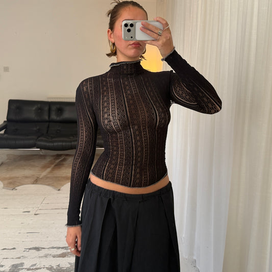Black Pointelle Lace Knit Top