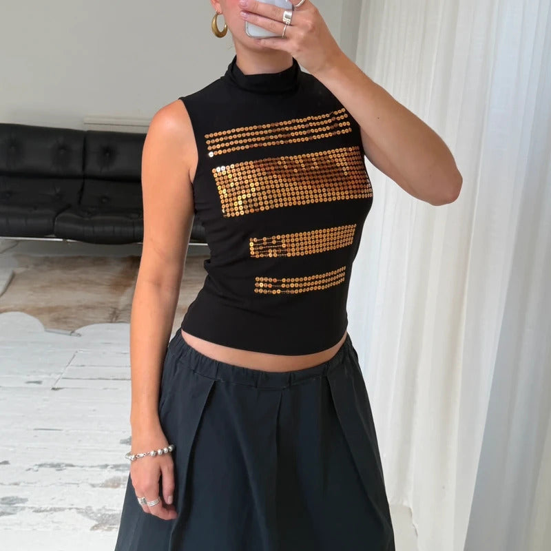 2000's Gold Sequin High Neck Top