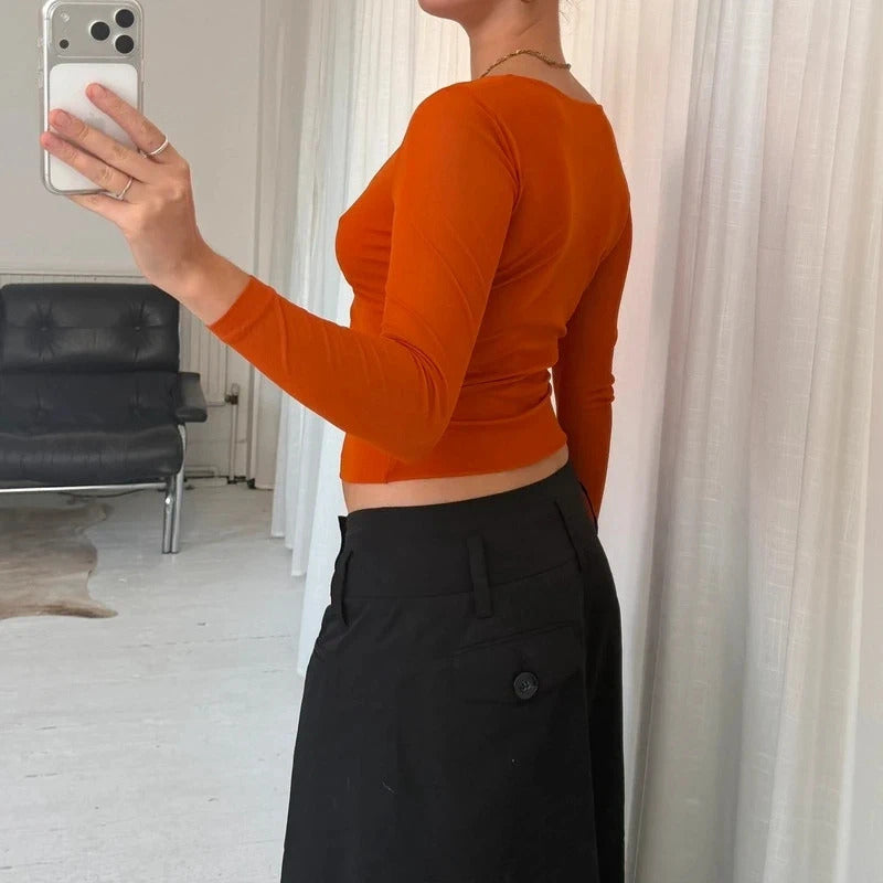90s Orange Micro Mesh Long Sleeve Top