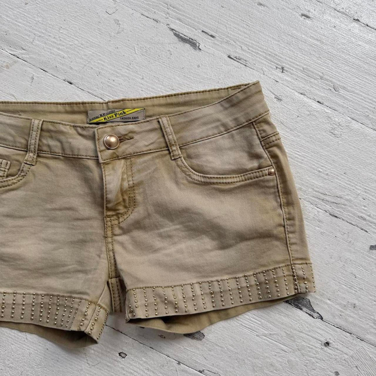 Khaki Studded Denim Shorts
