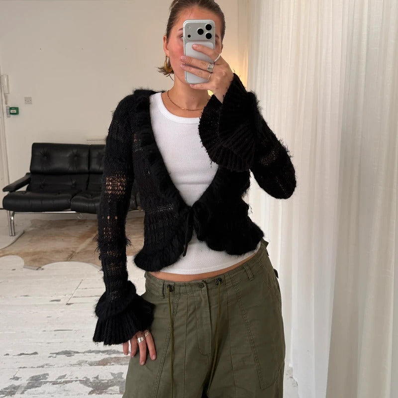 Black Angora Wool Crochet Knit Tie Cardigan