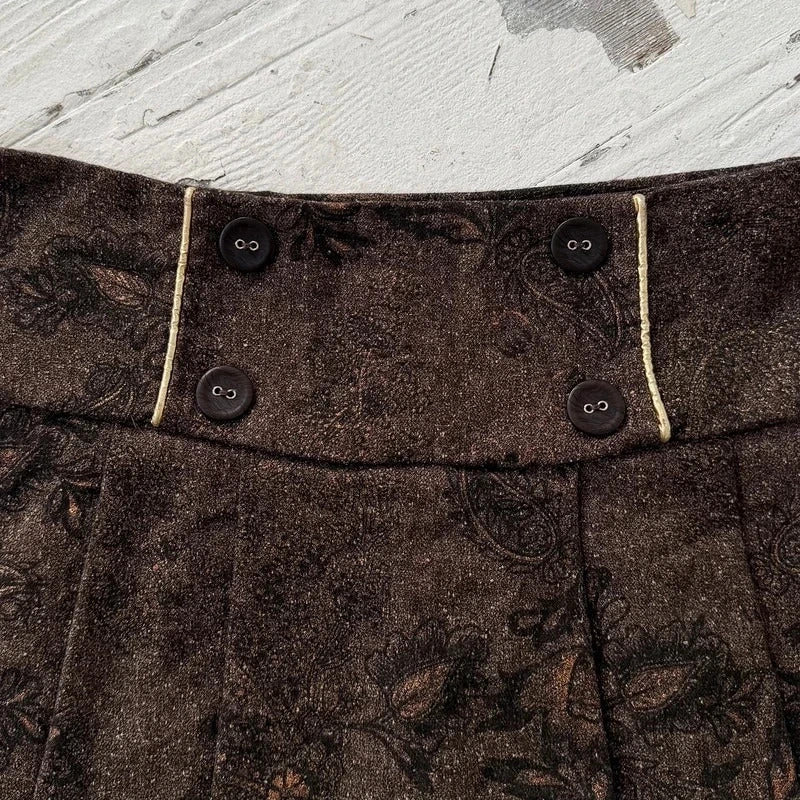 Brown Floral Jacquard Pleated Mini Skirt