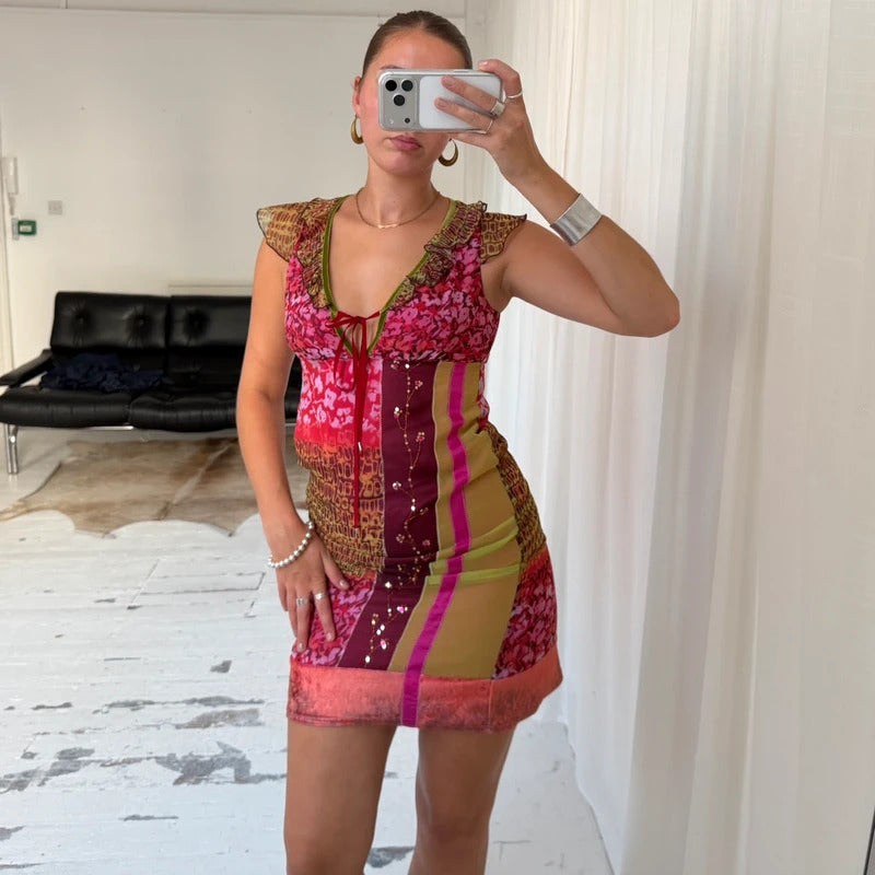 Y2K Patchwork Mesh Ruffle Midi Dress