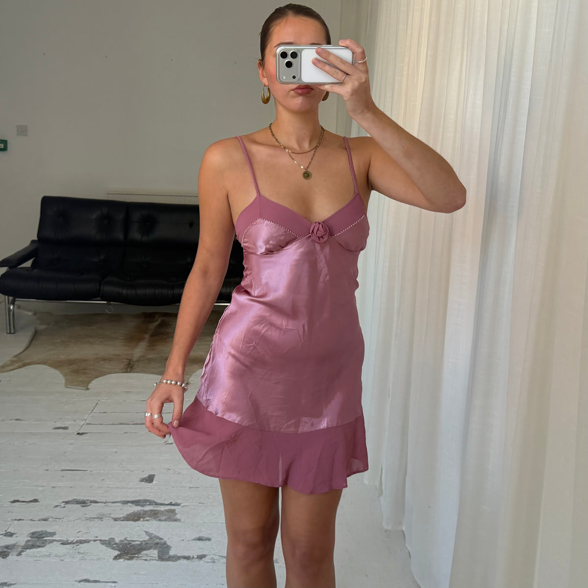 Pink Satin Rosette Mini Slip Dress