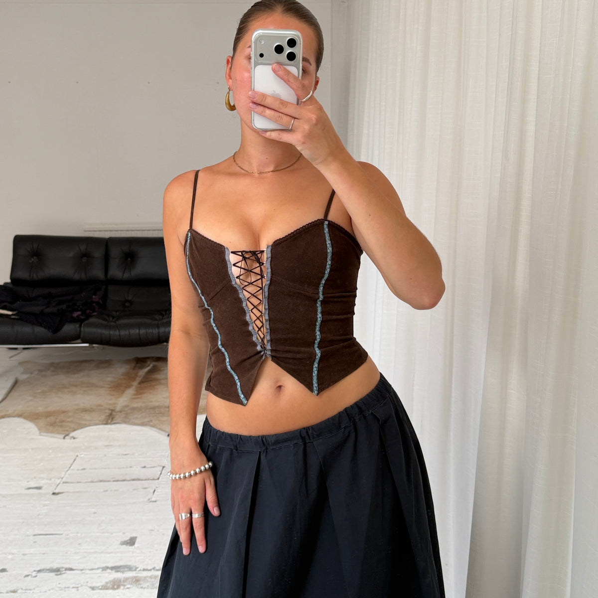 Brown Corduroy Lace-Up Corset Top