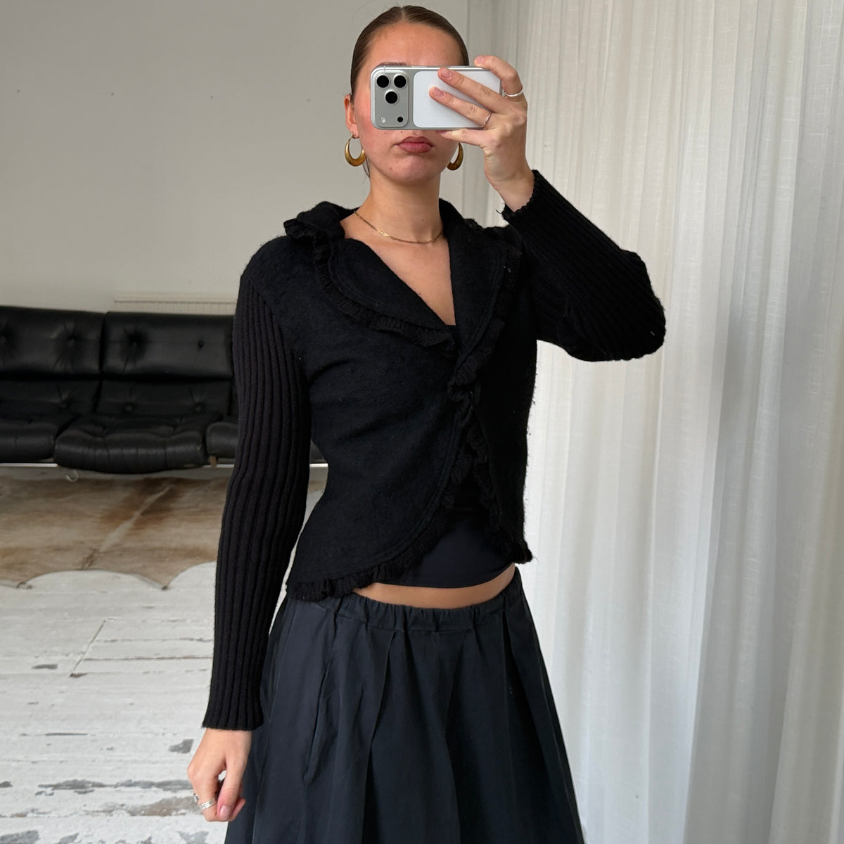 Vintage Black Ruffle Wool Knit Cardigan