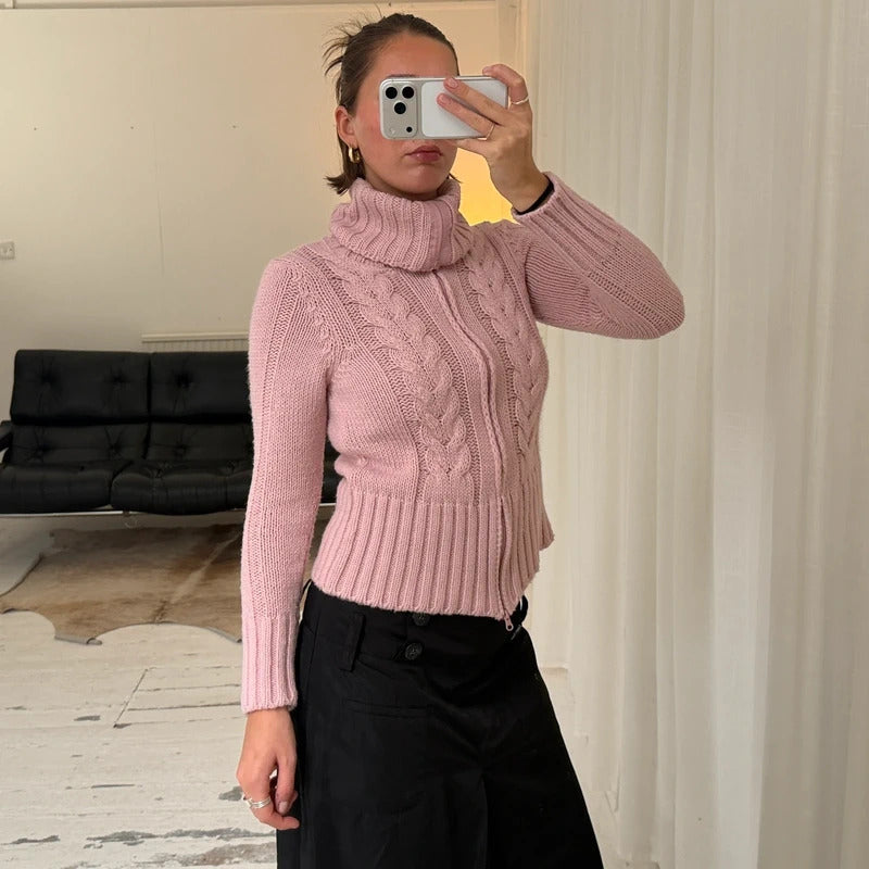 Pink Cable Knit Double Zip Jumper
