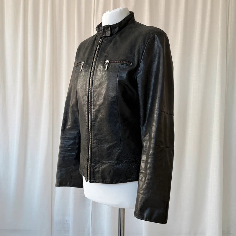 Italian Vintage Black Leather Biker Jacket