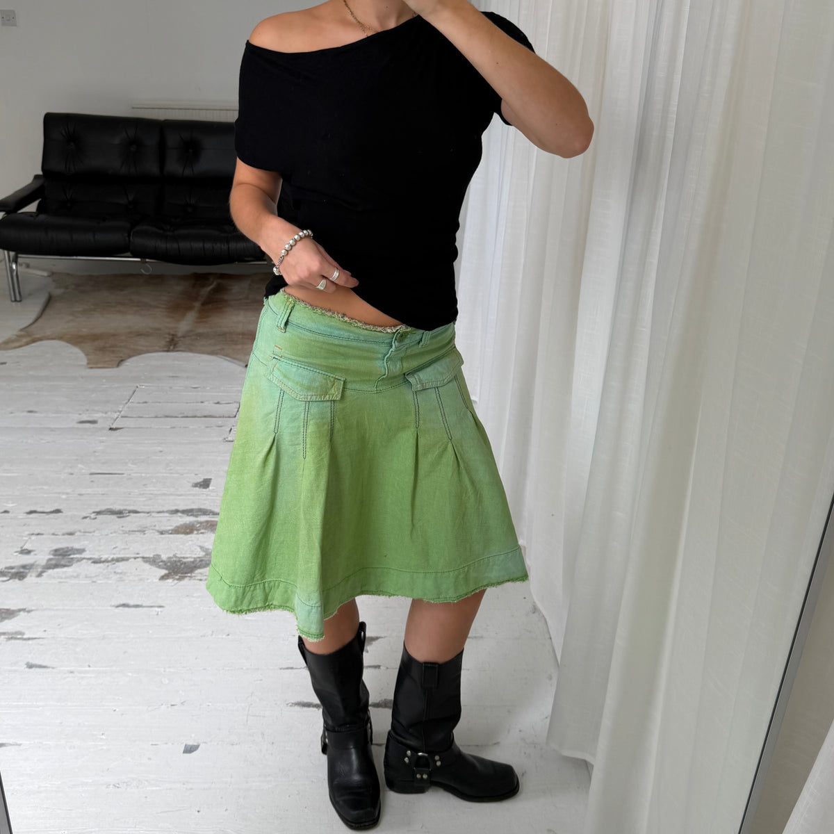 Miss Sixty Green Pleated Denim Midi Skirt